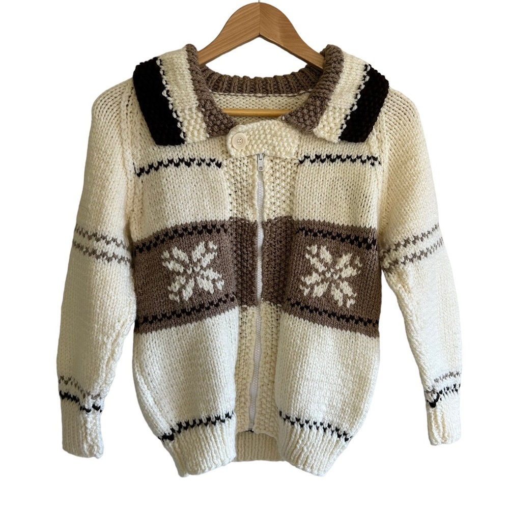 Kids vintage cream handknit fishermen fair isle zip up cardigan size 6